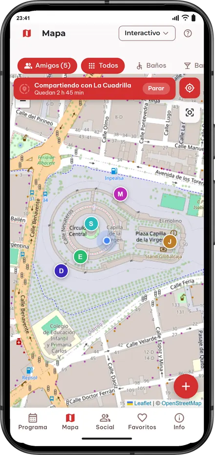 Mapa de la app mostrando la ubicación en vivo de cinco amigos del grupo «La Cuadrilla» dentro del Recinto Ferial